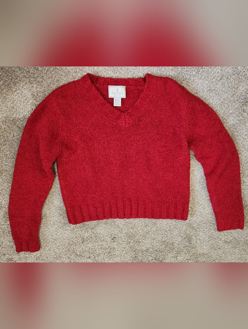 Vintage Express Tricot Red V-Neck Cozy Sweater Mohair Wool Size L